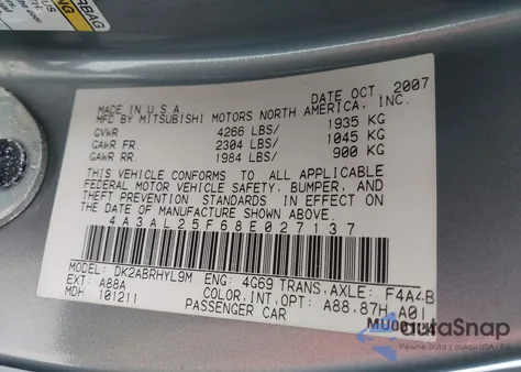 2008 Mitsubishi Eclipse Spyder Gs из США, поврежденный, VIN 4A3AL25F68E027137